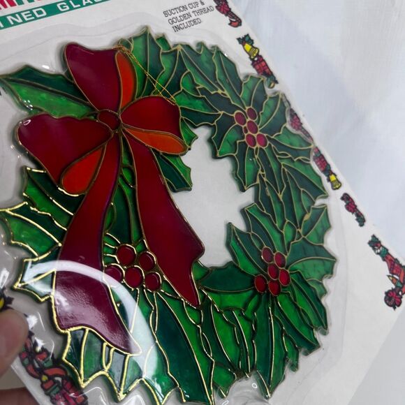 Christmas Suncatcher NOS 9" Large Sized Crystalline Stained Glass Look Wreath - Picture 7 of 8